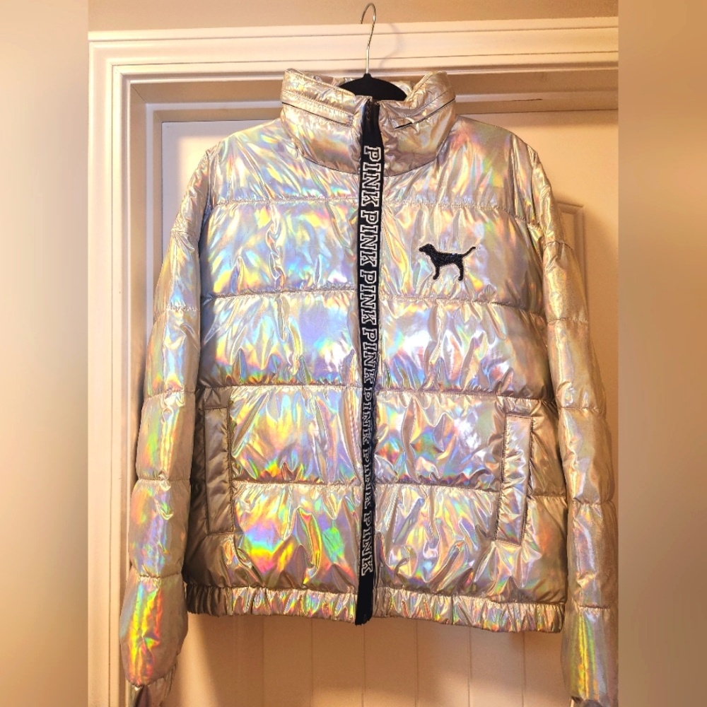 NWT Victoria's Secret Pink Silver Iridescent Puffer Jacket.